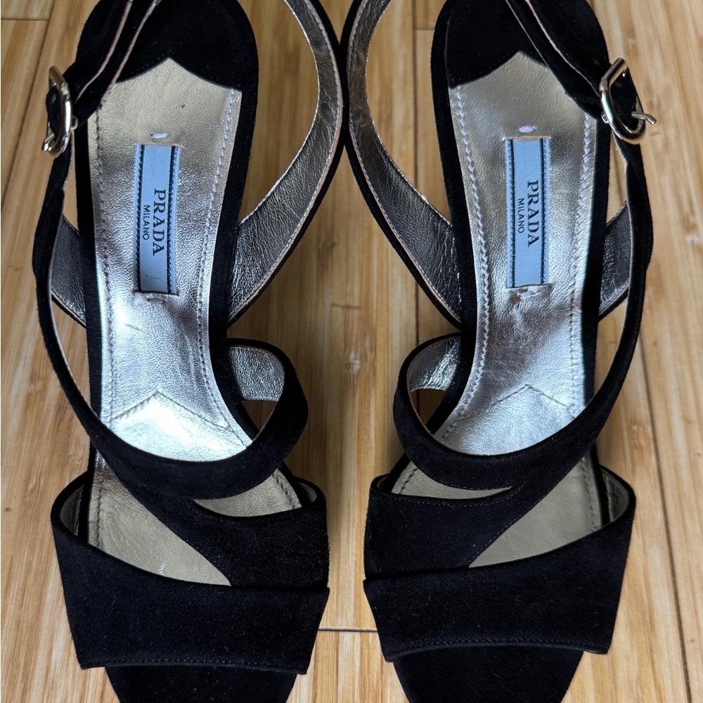 Prada Calzature Donna Black Suede Metallic Silver Leather Heels Sandals 39.5 9.5